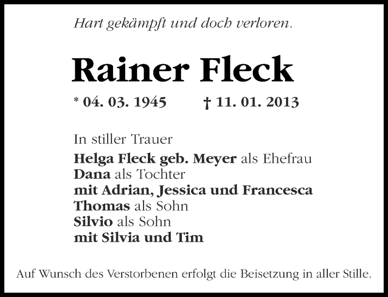 Traueranzeige für Rainer Fleck vom 18.01.2013 aus Märkische Oderzeitung