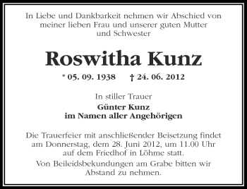 Traueranzeige von Roswitha Kunz von Märkische Oderzeitung