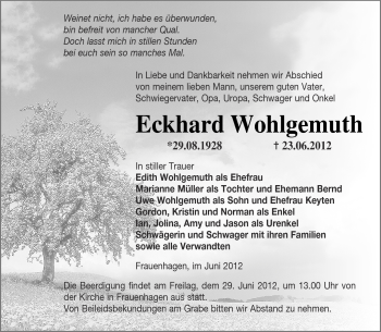 Traueranzeige von Eckhard Wohlgemuth von Märkische Oderzeitung