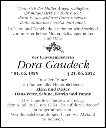 Traueranzeige von Dora Gaudeck von Märkische Oderzeitung