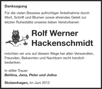 Traueranzeige von Rolf Werner Hackenschmidt von Märkische Oderzeitung