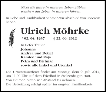 Traueranzeige von Ulrich Möhrke von Märkische Oderzeitung