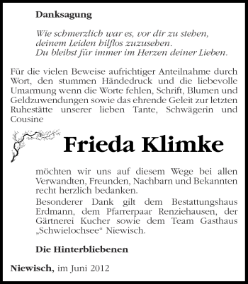 Traueranzeige von Frieda Klimke von Märkische Oderzeitung