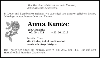 Traueranzeige von Anna Kunze von Märkische Oderzeitung