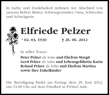 Traueranzeige von Elfriede Pelzer von Märkische Oderzeitung