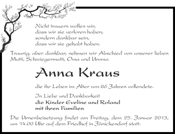 Traueranzeige von Anna Kraus von Märkische Oderzeitung