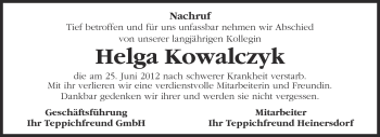 Traueranzeige von Helga Kowalczyk von Märkische Oderzeitung