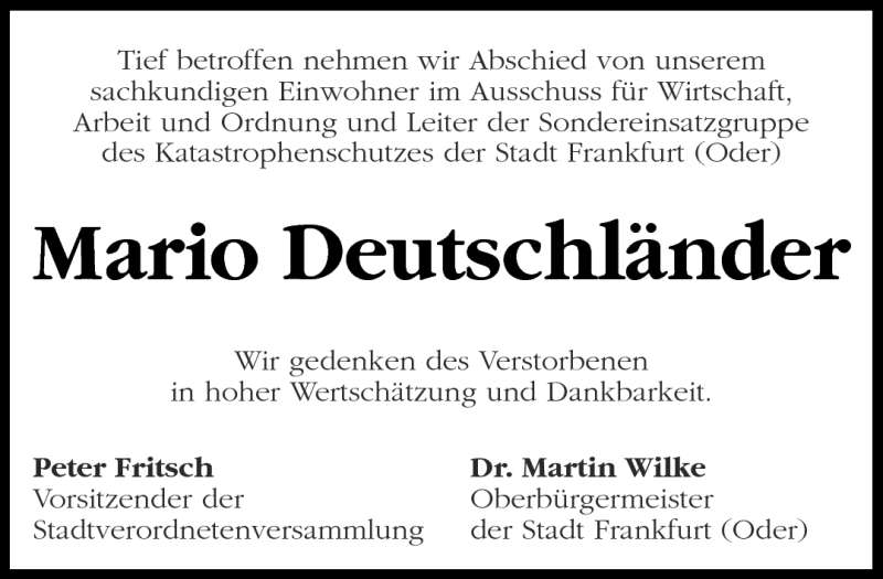  Traueranzeige für Mario Deutschländer vom 28.06.2012 aus Märkische Oderzeitung