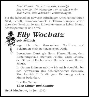 Traueranzeige von Elly Wochatz von Märkische Oderzeitung