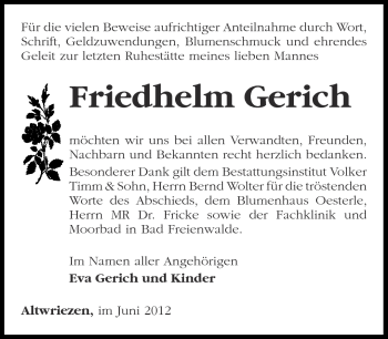 Traueranzeige von Friedhelm Gerich von Märkische Oderzeitung