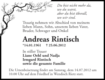 Traueranzeige von Andreas Rintisch von Märkische Oderzeitung