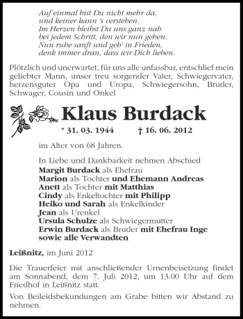 Traueranzeige von Klaus Burdack von Märkische Oderzeitung