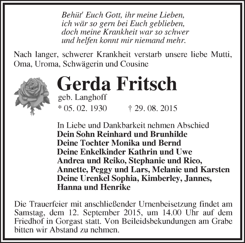  Traueranzeige für Gerda Fritsch vom 05.09.2015 aus Märkische Oderzeitung