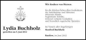 Traueranzeige von Lydia Buchholz von Märkische Oderzeitung