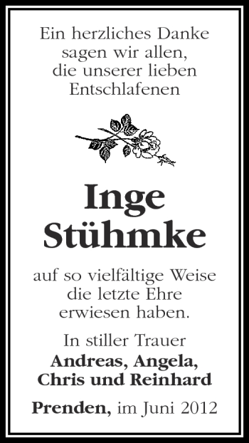 Traueranzeige von Inge Stühmke von Märkische Oderzeitung