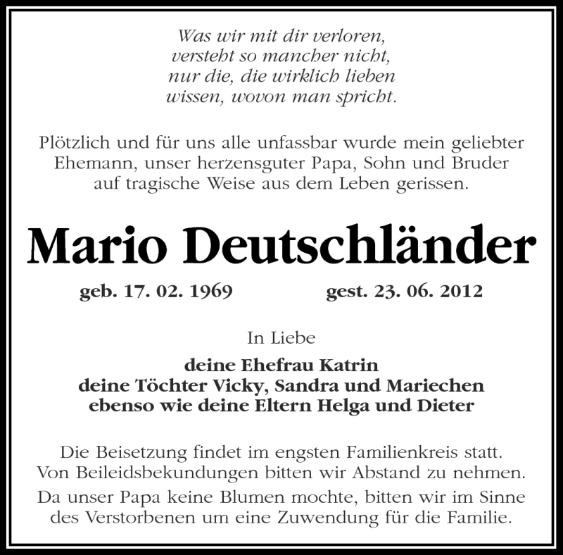 Traueranzeige für Mario Deutschländer vom 03.07.2012 aus Märkische Oderzeitung