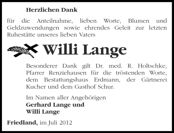 Traueranzeige von Willi Lange von Märkische Oderzeitung