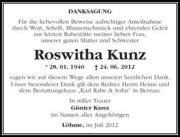 Traueranzeige von Roswitha Kunz von Märkische Oderzeitung