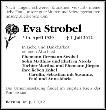 Traueranzeige von Eva Strobel von Märkische Oderzeitung