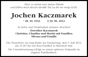 Traueranzeige von Jochen Kaczmarek von Märkische Oderzeitung