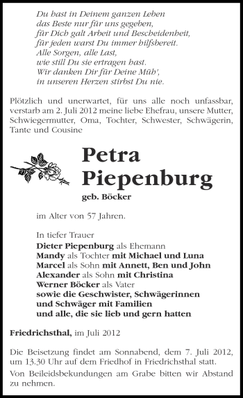 Traueranzeige von Petra Piepenburg von Märkische Oderzeitung