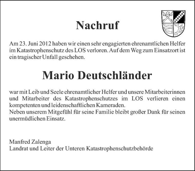  Traueranzeige für Mario Deutschländer vom 04.07.2012 aus Märkische Oderzeitung