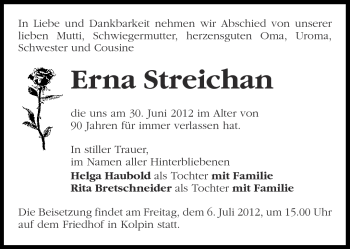 Traueranzeige von Erna Streichan von Märkische Oderzeitung