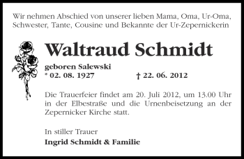 Traueranzeige von Waltraud Schmidt von Märkische Oderzeitung