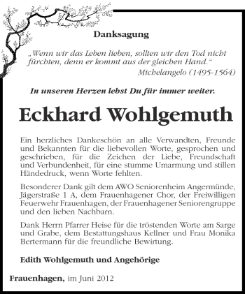 Traueranzeige von Eckhard Wohlgemuth von Märkische Oderzeitung