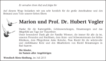 Traueranzeige von Marion und Hubert Vogler von Märkische Oderzeitung