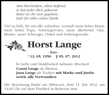 Traueranzeige von Horst Lange von Märkische Oderzeitung