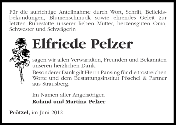 Traueranzeige von Elfriede Pelzer von Märkische Oderzeitung