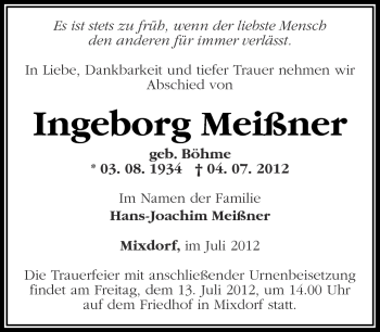 Traueranzeige von Ingeborg Meißner von Märkische Oderzeitung