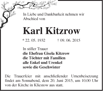 Traueranzeige von Karl Kitzrow von Märkische Oderzeitung