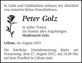 Traueranzeige von Peter Golz von Märkische Oderzeitung