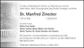 Traueranzeige von Manfred Zinecker von Märkische Oderzeitung
