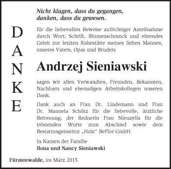 Traueranzeige von Andrzej Sieniawski von Märkische Oderzeitung