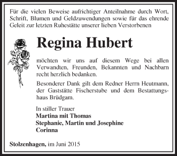 Traueranzeige von Regina Hubert von Märkische Oderzeitung