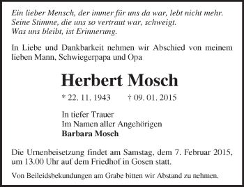 Traueranzeige von Herbert Mosch von Märkische Oderzeitung