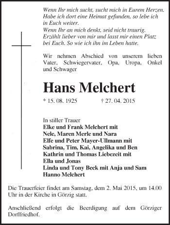 Traueranzeige von Hans Melchert von Märkische Oderzeitung