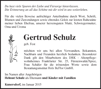 Traueranzeige von Gertrud Schulz von Märkische Oderzeitung