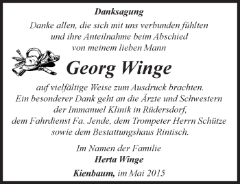 Traueranzeige von Georg Winge von Märkische Oderzeitung