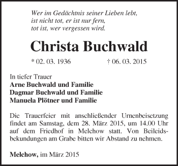 Traueranzeige von Christa Buchwald von Märkische Oderzeitung