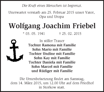 Traueranzeige von Wolfgang Joachim Friebel von Märkische Oderzeitung