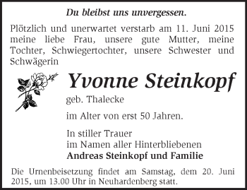 Traueranzeige von Yvonne Steinkopf von Märkische Oderzeitung