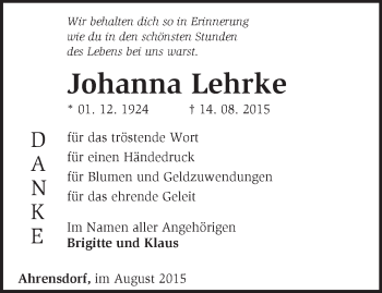 Traueranzeige von Johanna Lehrke von Märkische Oderzeitung