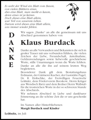 Traueranzeige von Klaus Burdack von Märkische Oderzeitung