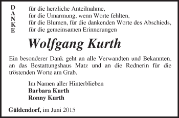 Traueranzeige von Wolfgang Kurth von Märkische Oderzeitung