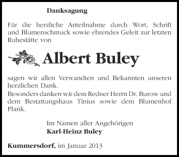 Traueranzeige von Albert Buley von Märkische Oderzeitung