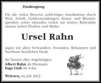 Traueranzeige von Ursel Rahn von Märkische Oderzeitung